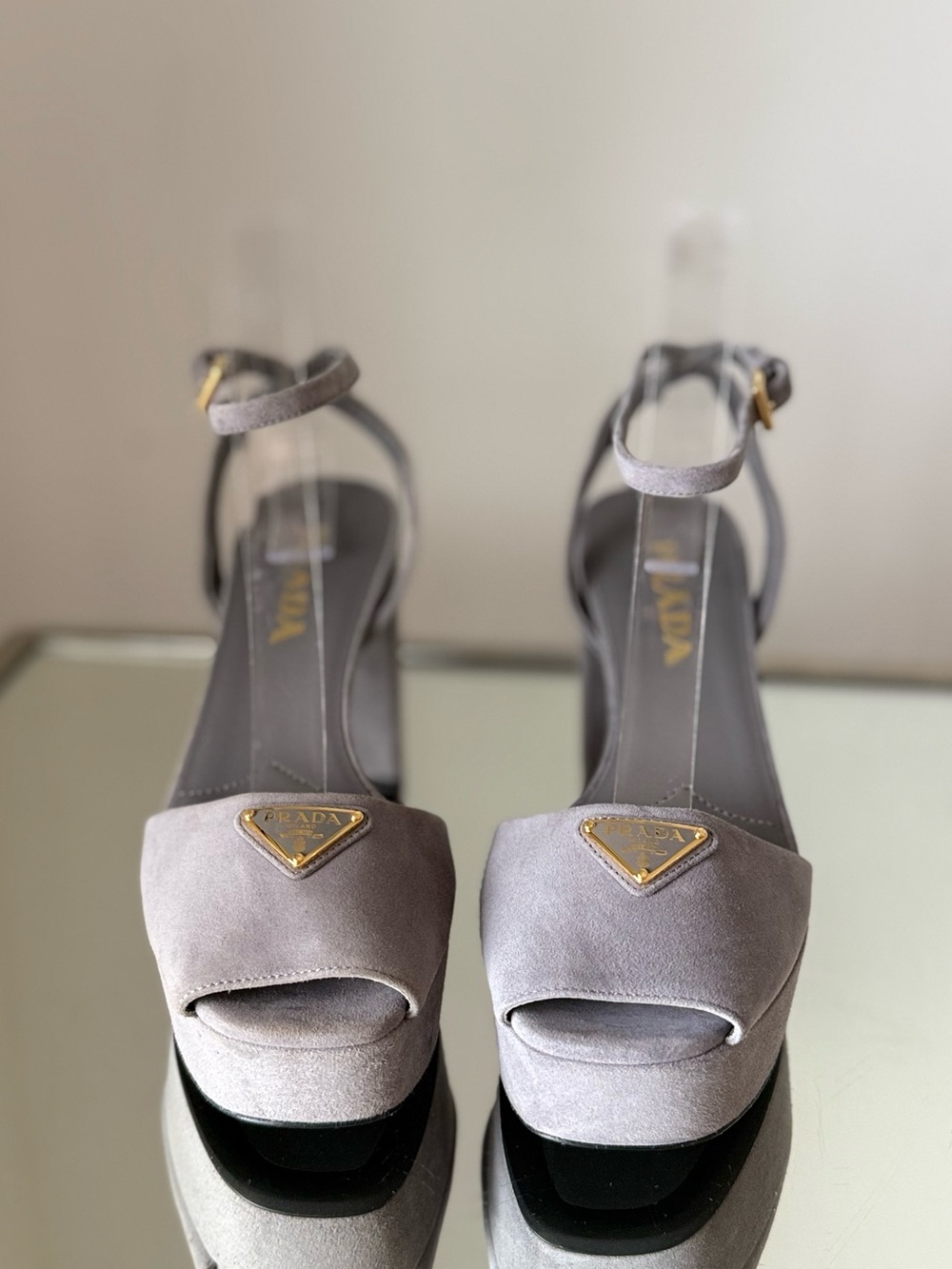 Prada Triangle Logo Suede Ankle-Strap Platform Sandals 37